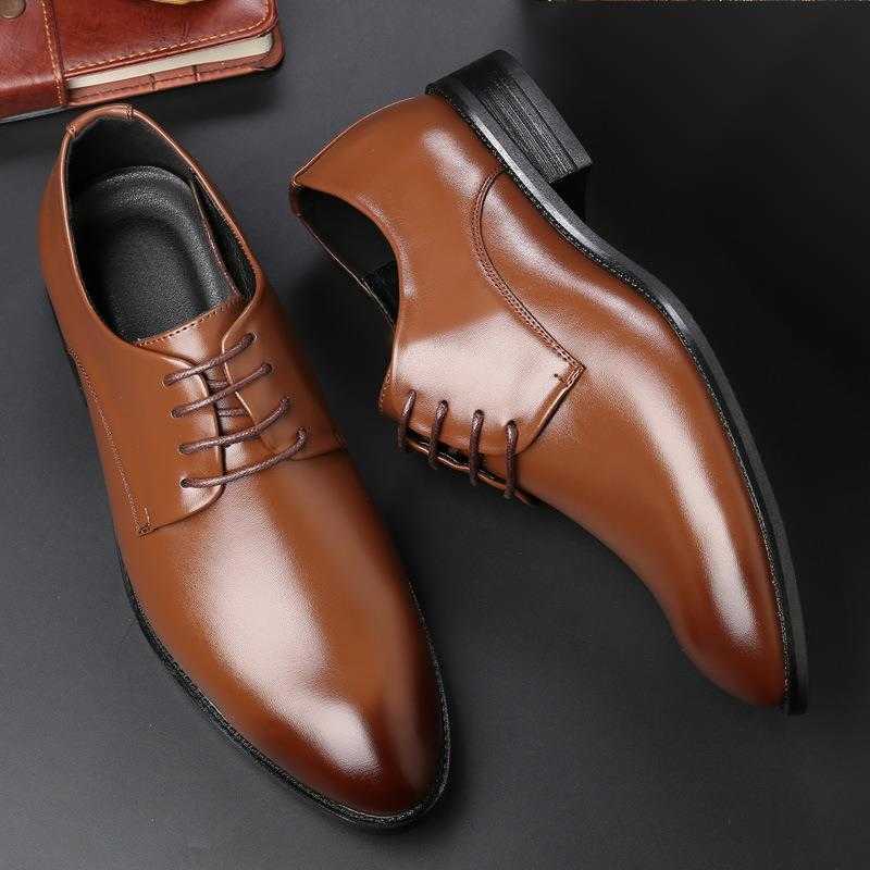 Mens Breathable Leather Shoes Formal Business Shoes Pointed Lace Up Flat Bottom Wedding Shoes Mens Plus Size