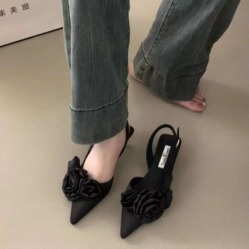 Women Sandal Fashion Flower Ladies Elegant Dress Slingback Shoes Thin Low Heel Dress Mules Pumps