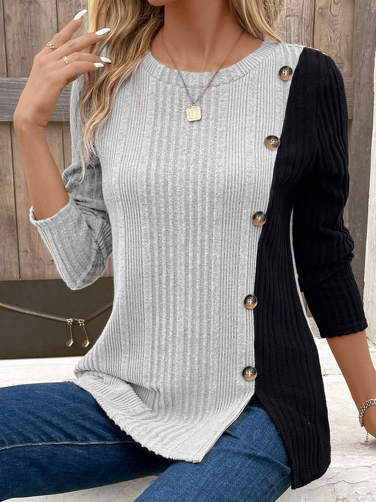 2025 Designer Ribbed Color Blocked Button Decorative T-shirt Spring And Autumn Casual Long Sleeved Top Women's Wear