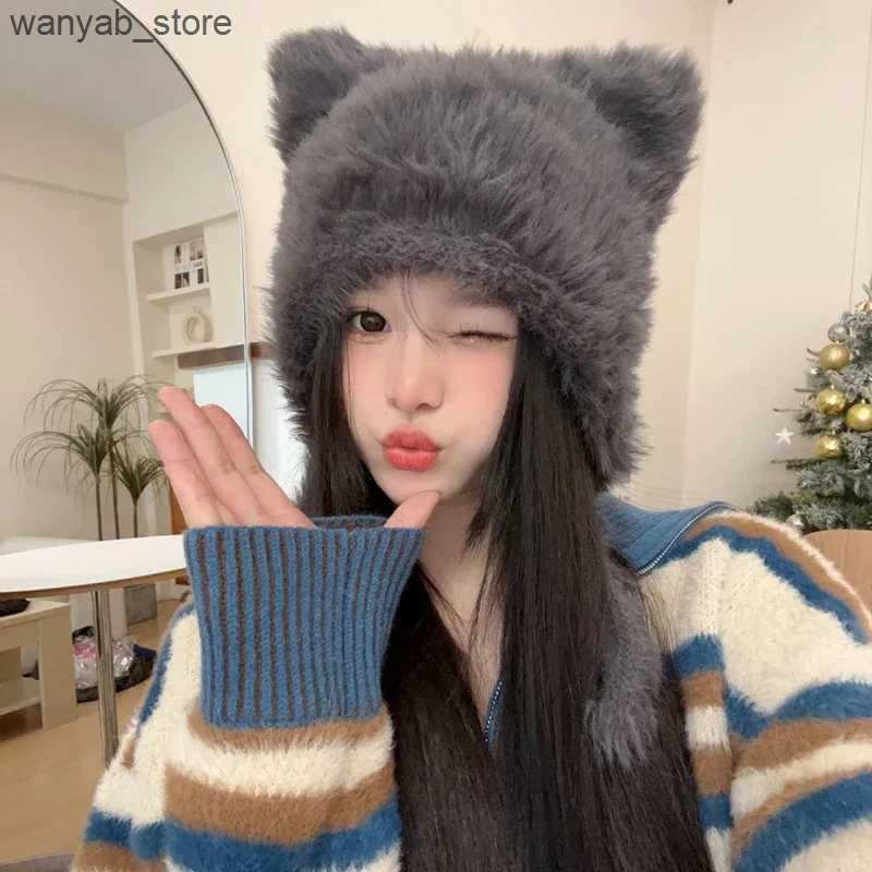 Beanie/Skull Caps Halloween Winter Plush Cute Cat Ears Beanies Women Pullover Hats Korean Ear Protection Strap Beanies Hat with Earflap Y2k Girl L2409
