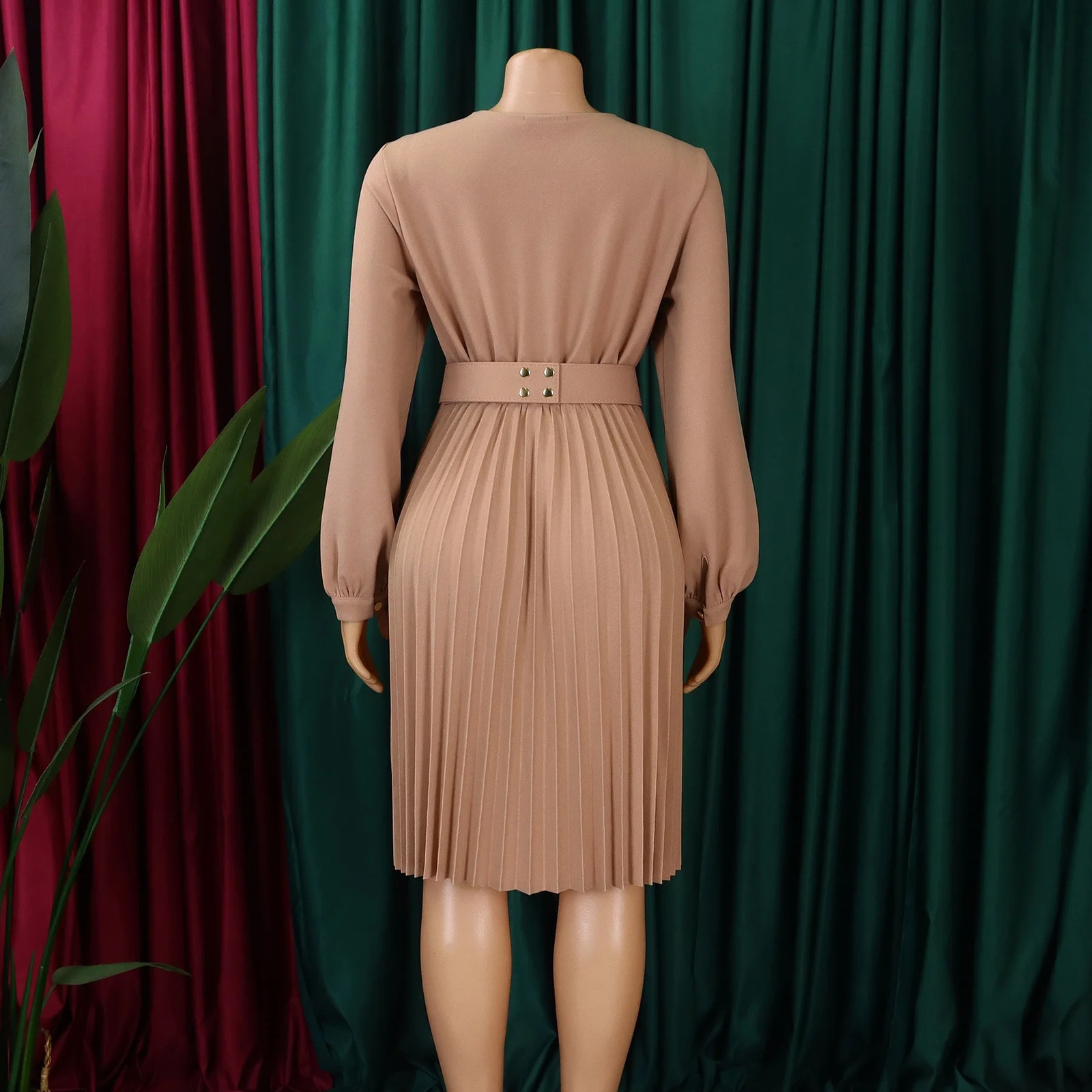 Elegant Dresses Woman y V Neck Full Sleeve Pleated Mid Calf Belt Waisted African Fashion Female Birthday Party Dress 241108