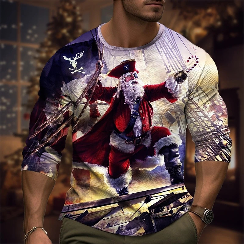 Interesting pirate Santa Claus graphic T-shirt fashion trend mens 3D printed Christmas long sleeved T-shirt personalized loose T-shirt 241108