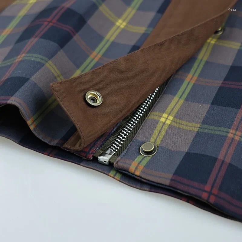 Women's Jackets Plaid Polo Neck Jacket Women Long Sleeved Splicing Corduroy Lapel Zipper Street Trends Autumn Retro Coat American Fashion