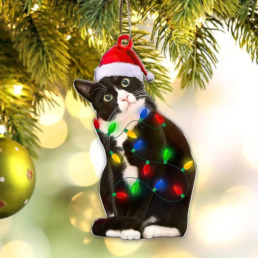 Charming Black Cat Christmas Ornament 2D Acrylic Hanging Decor for Tree Car Mirror Keychain Kid Xmas Gift Holiday Party SuppliesXJ241107