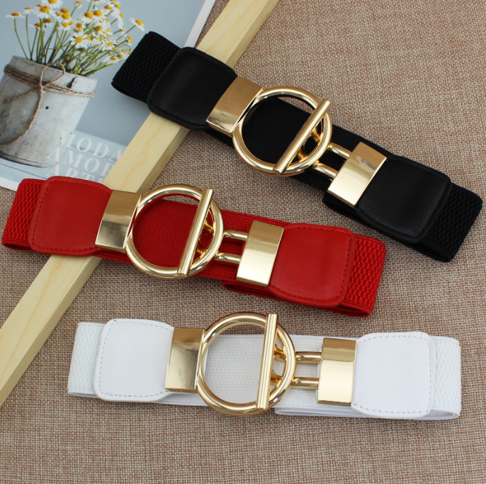 Factory direct sale in wide waist seal fashion gold round buckle simple lap hook elastic elastic waistband temperament with skirt clothes