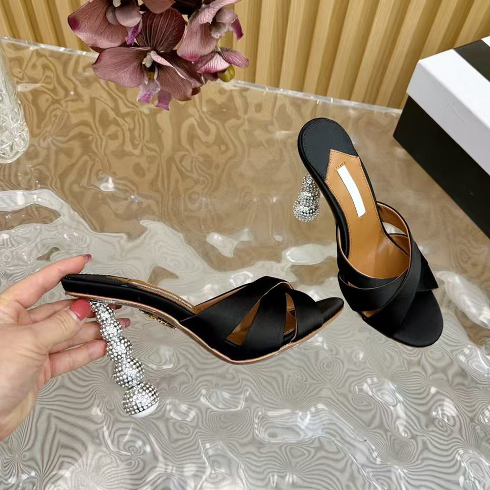 Rhinestone inlaid heel ladies slippers mules 105mm high-heeled shoes Genuine leather open toed sandals womens luxury designer slippers size (35-43)