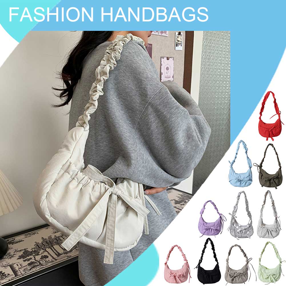Women Chic Tote Handbag with Ruched Drawstring Strap Bow Casual Underarm Bag Solid Color Cute Sling Bag Female Daily Handbag