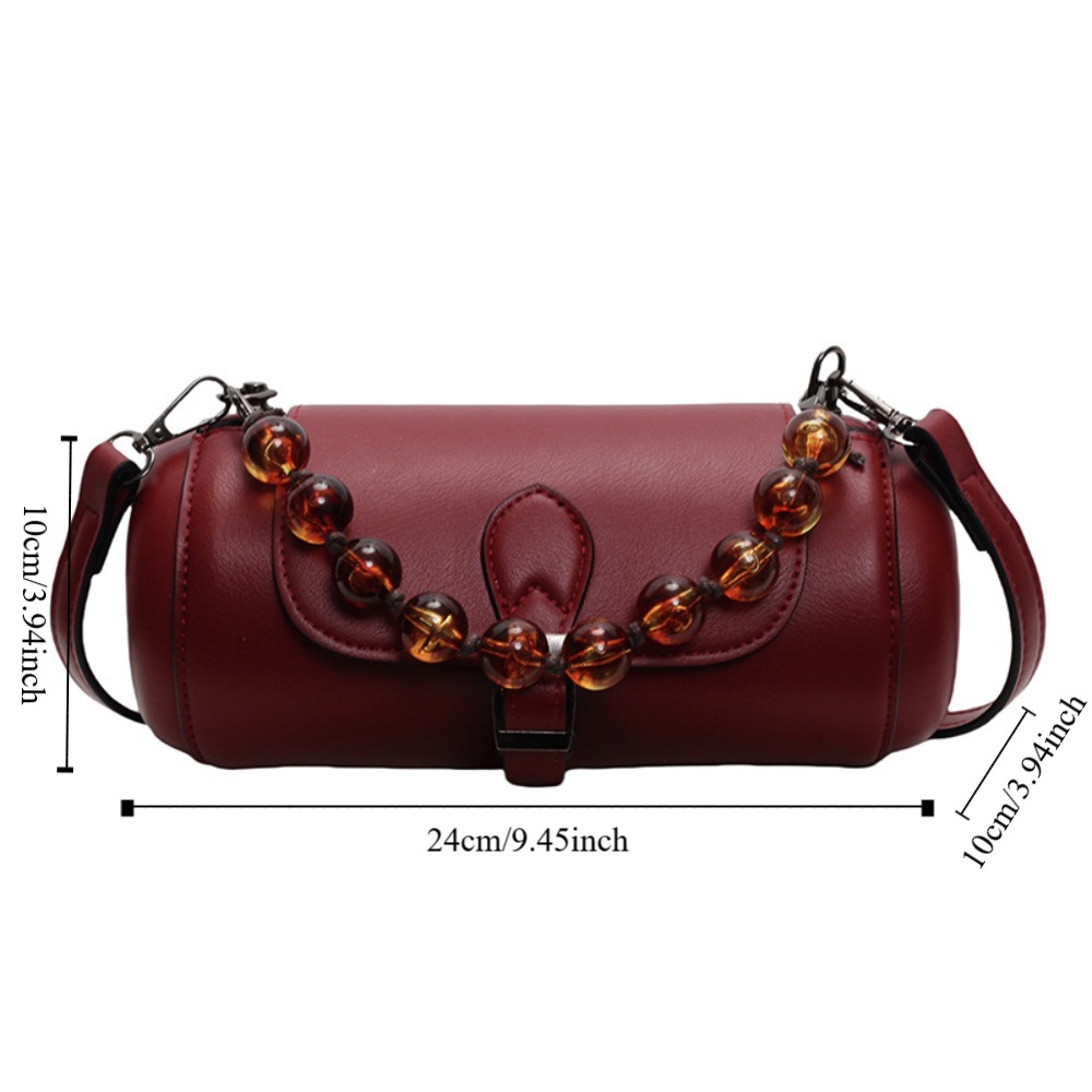 Vintage Zipper Boston Handbag Round Beaded Chain Retro Saddle Large Capacity Barrel Shape Cylinder Crossbody Bag Outdoor