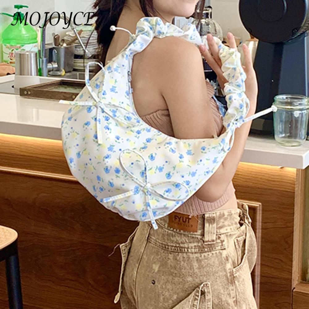 Shoulder Bag for Women Floral Crescent Bag Cloth Bowtie Handbag Ruched Clutch Purse for Commuting Travel
