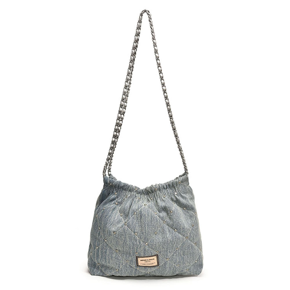 Women Rivet Shoulder Bag Large Capacity Denim Bucket Crossbody Bag Luxury Tote Bag Ladies Outdoor Bag
