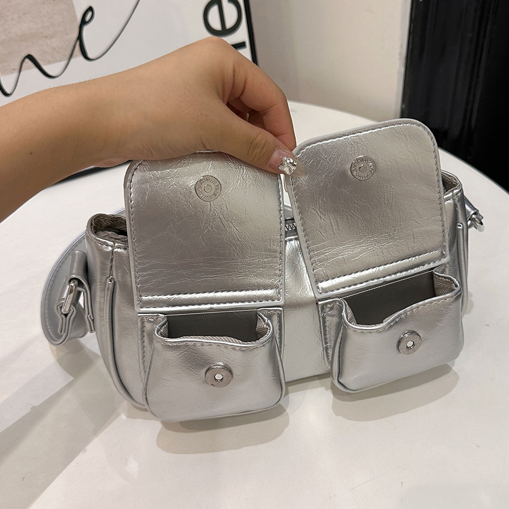 Women Handbag Double Pockets PU Leather Shoulder Bag Solid Color Underarm Bag Casual Clutch Purse Shopping Bag