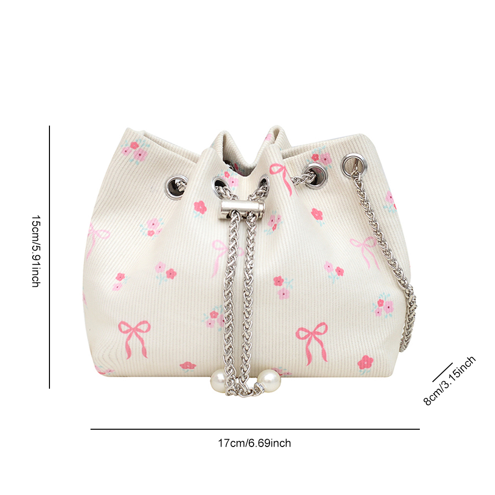 Women Corduroy Bucket Bag Bow Print Shoulder Bag with Chain Crossbody Bag Clutch Purse for Work Travel