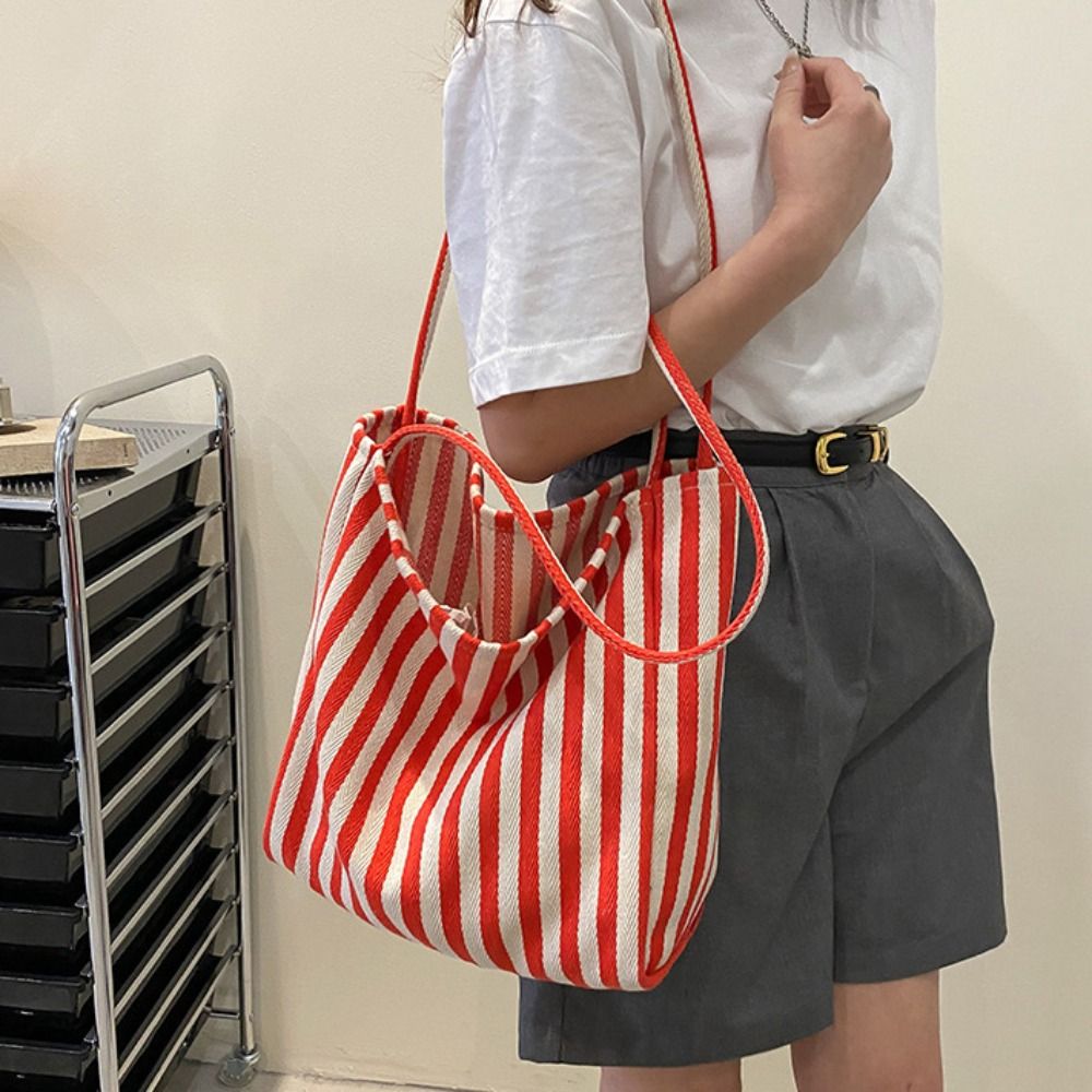 Fashion Retro Vertical Stripe Bag Tote Daily Canvas Shoulder Bag Leisure Simple Commute Handbag Girls