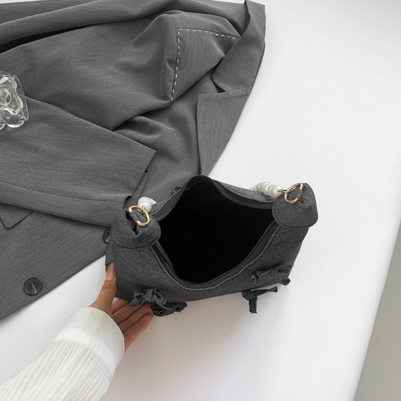 Denim Shoulder Bag Bowknot Women Crescent Bag Pearl Decor Chain Strap Tote Purse for Work Travel