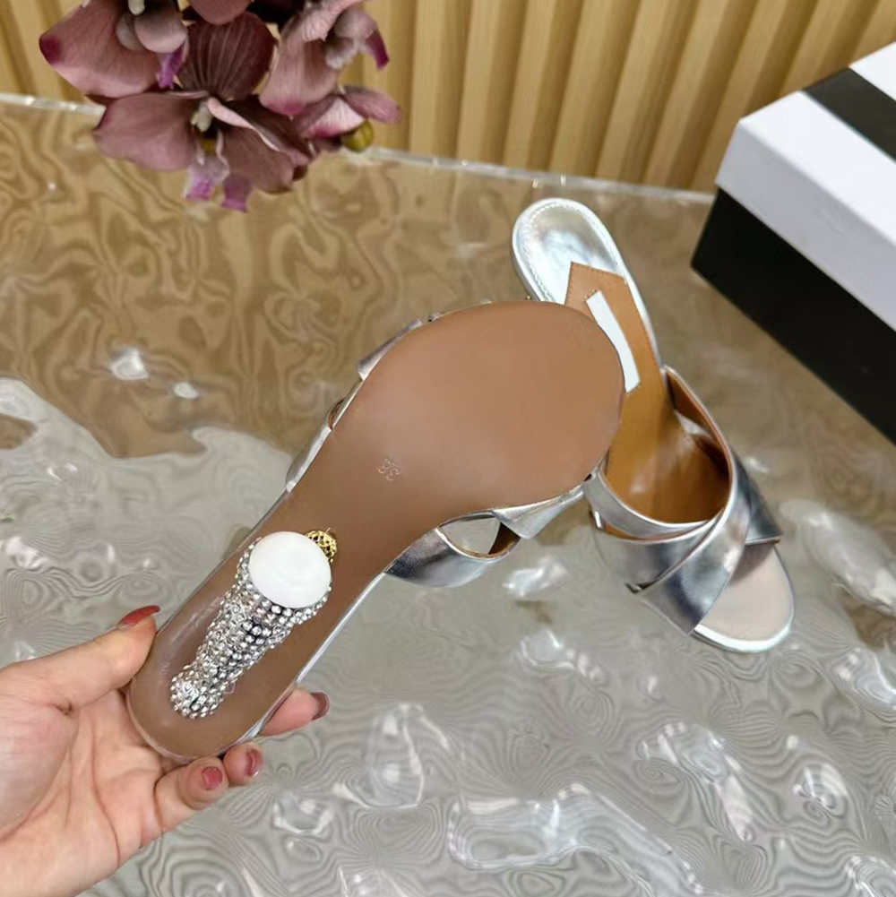 Rhinestone inlaid heel ladies slippers mules 105mm high-heeled shoes Genuine leather open toed sandals womens luxury designer slippers size (35-43)