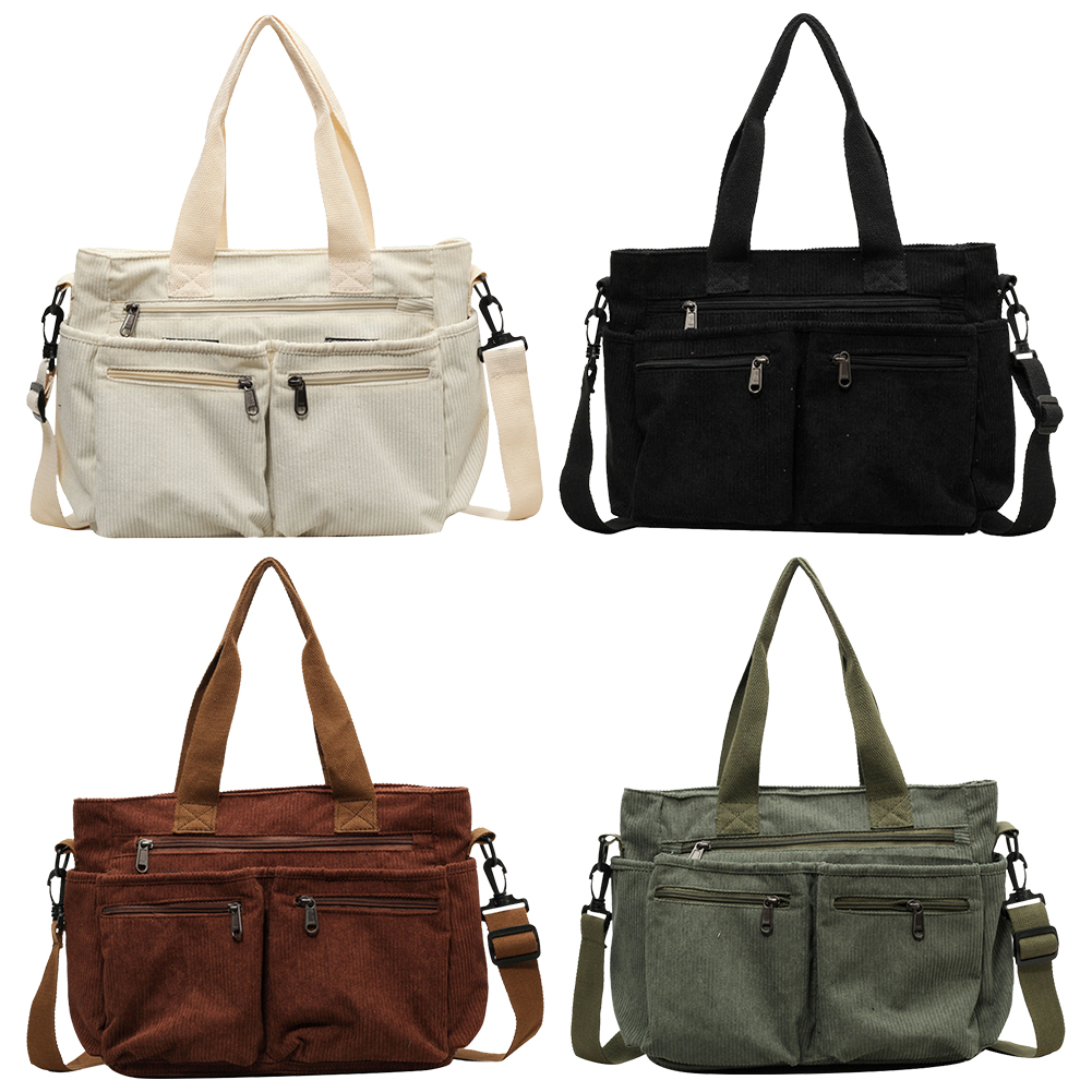 Large Capacity Shoulder Bag Women Corduroy Crossbody Bag with Multi Pockets Messenger Bag Zipper Commuting Bag