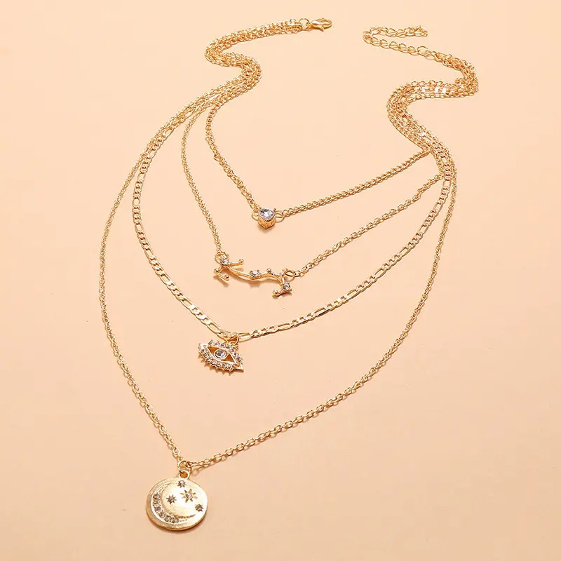 Full Diamond Eyes Stars Moon Necklace Light Luxury Niche Versatile Constellation Multi-layered European and American Personalized Pendant Accessory