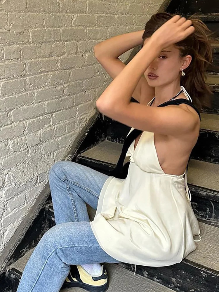 Absobe Halter Mid Length Open Back Tank Top Women Camis Lace Up V-Neck Patchwork Strapless Vest tie Y2K Casual Streetwear 240327