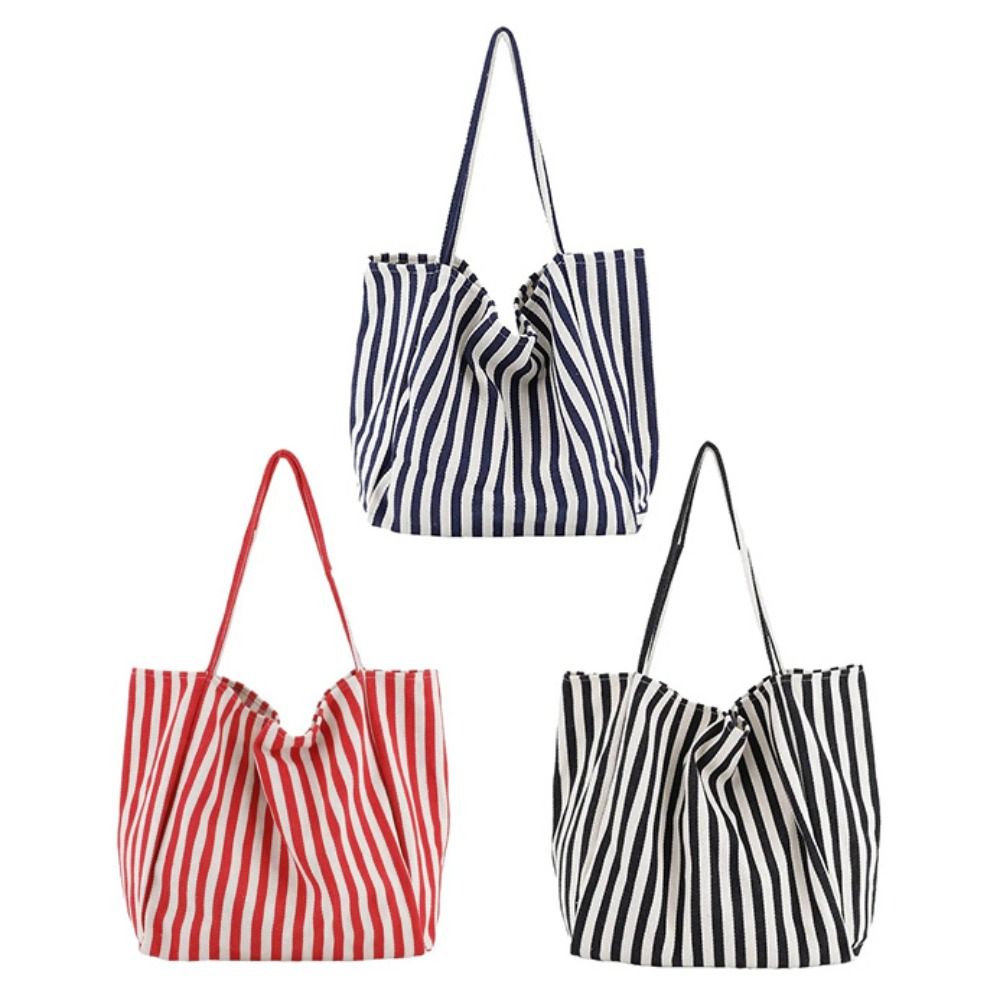 Simple Retro Large Capacity Stripe Bag Tote Commute Canvas Shoulder Bag Daily Handbag Shopping Bag Girls