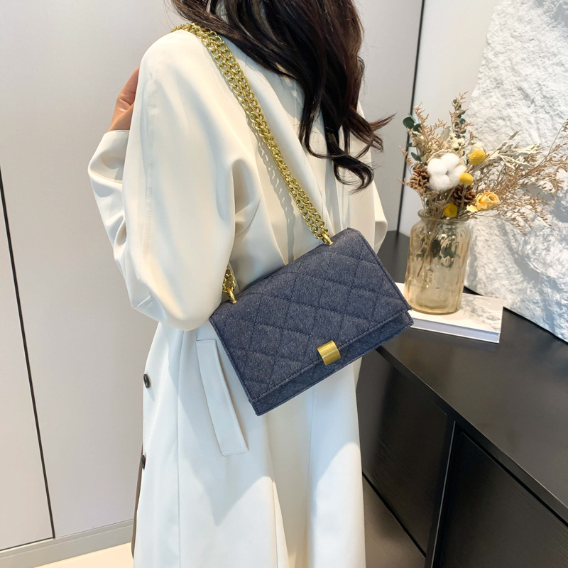 Luxury Women Brand Denim Plaid Quilted Crossbody Bag Casual Chain Lock Large Flap Messenger Shoulder Bag