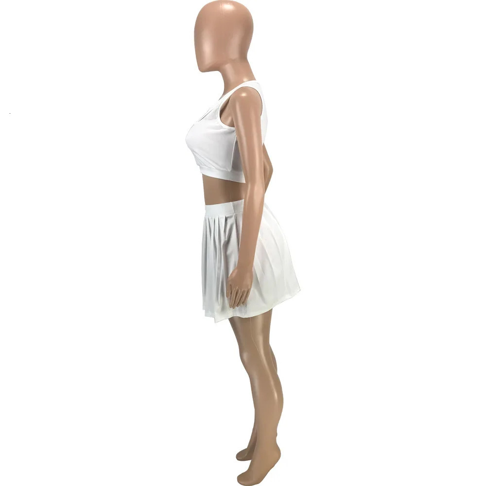 Trend Women Mini Skirt Set Solid Color Slim Fit Sexy Sport Wear Ladies Crop Tank Top Tennis 2 Piece Outfits Suit 240401