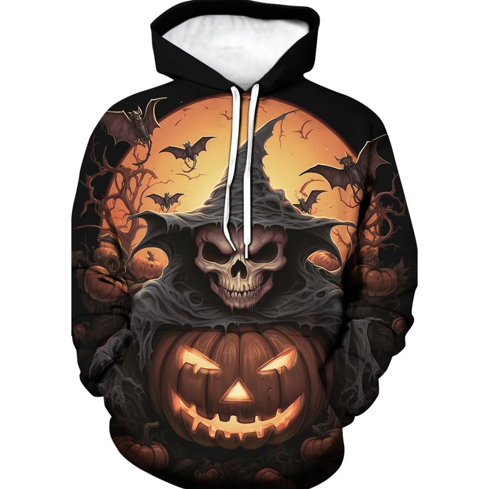 Hoodie for Mens Womens Vintage 3D Halloween Skull Pumpkin Hoodie Mens Skeleton Castle Graphic Hooded Sweatshirts Pullover, Black Graphic