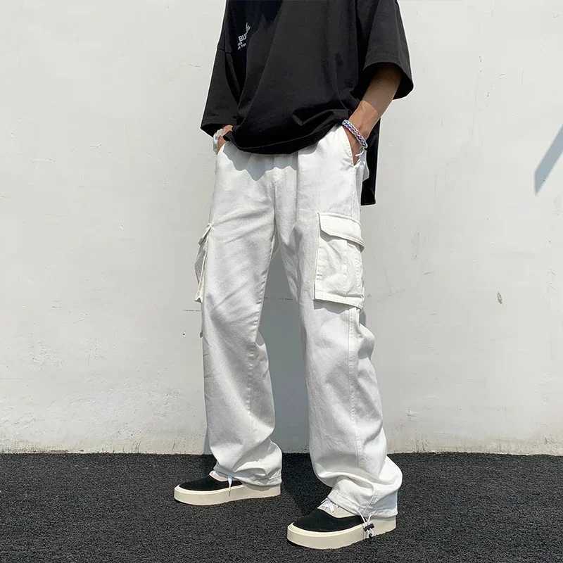 Black/white Casual Pants Mens Fashion Loose Straight Wide Leg Pants Men Streetwear Hip-hop Pocket Cargo Pants Mens Trousers LX241107