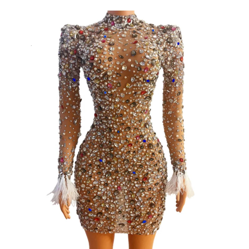 Sparkly Colorful s Transparent Dress Prom Evening Sexy See Through Multicolor Crystals Costume Birthday Fether Sleeves 240327