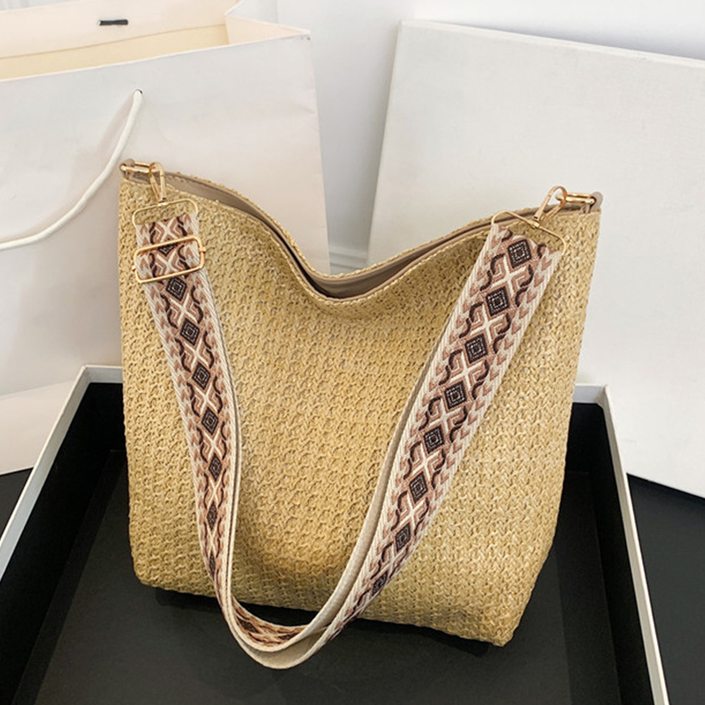 Straw Woven Shoulder Bag Adjustable Strap Women Crossbody Bag Zipper Solid Underarm Bag for Travel Vacation
