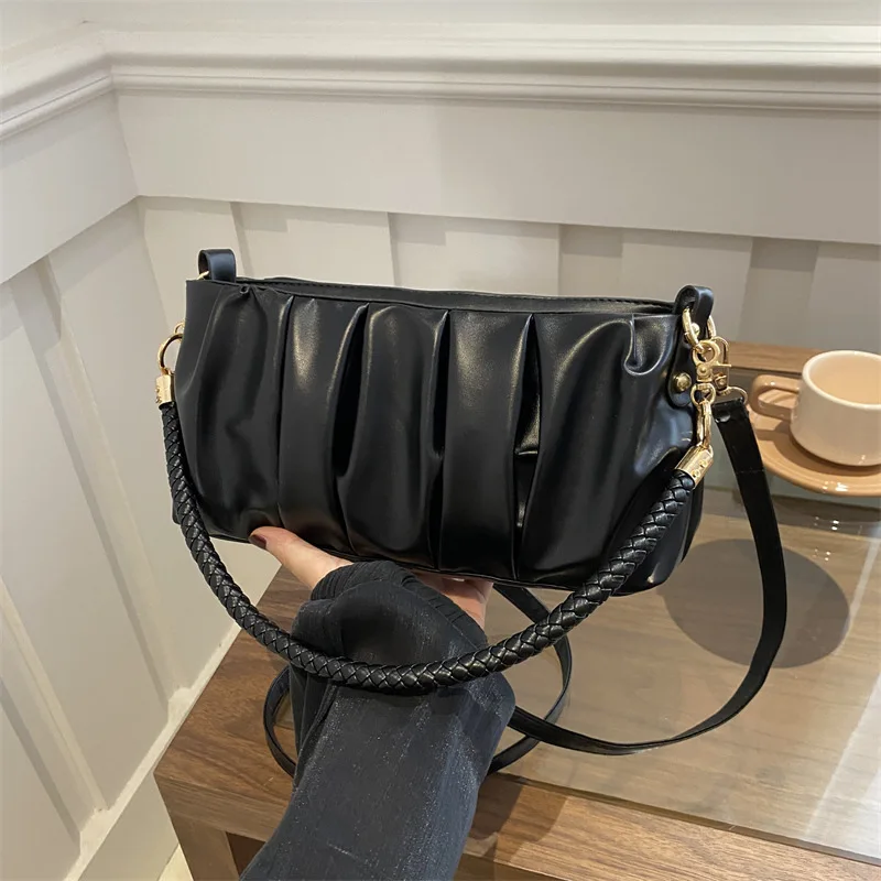 New Fashion Fold Single Armpit Pu Messenger Bag Pure Color PU Ladies Shoulder Bag Thread Large Capacity Crossbody Zipper Bag