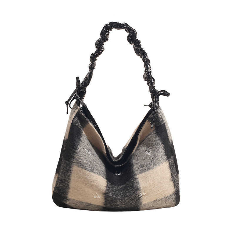 Color blocking checkered large bag for women 2024 new popular woolen shoulder bag, large capacity commuting crossbody bag, bucket bag