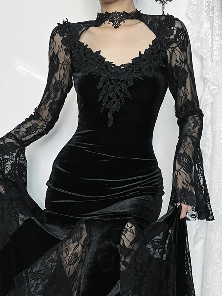 AltGoth Aesthetic Gothic Midi Dress Women Vintage Elagnt Lace Patchwork See Through Flare Sleeve High Waist Clubwear Dress Femme 240319