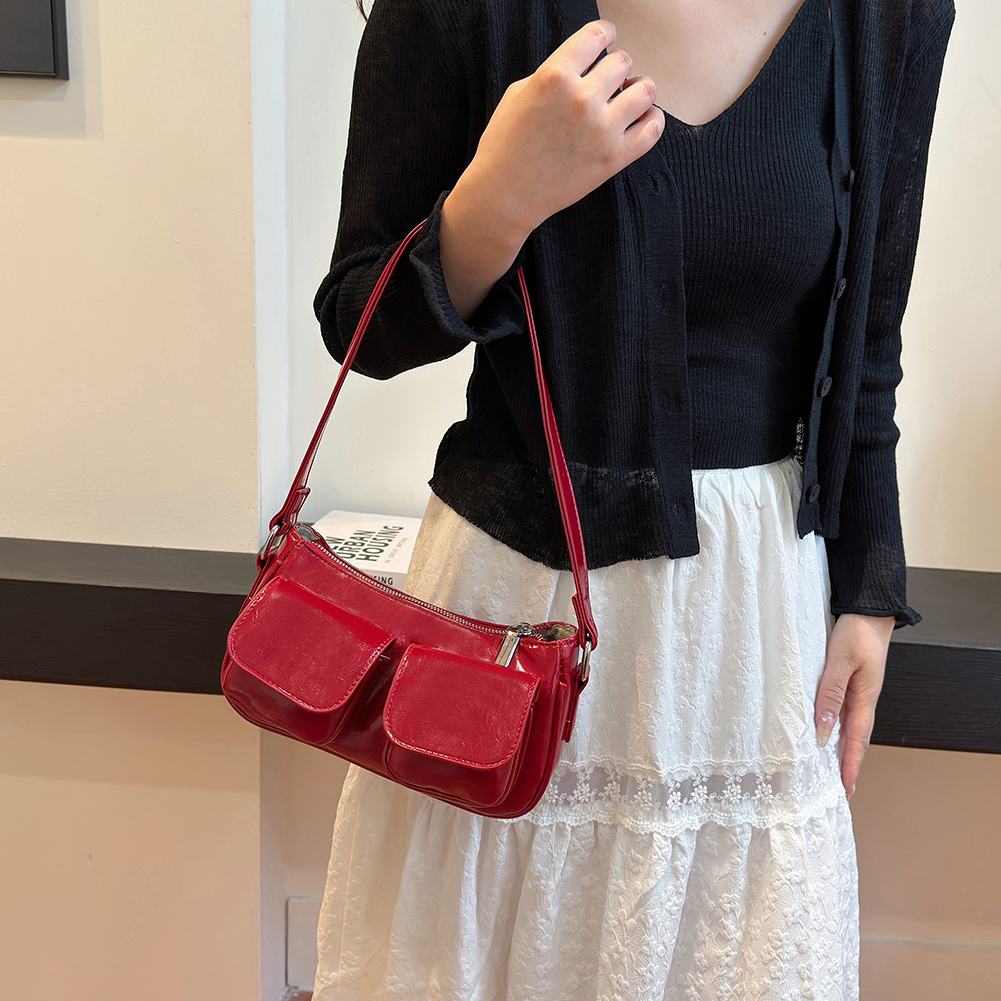 Women Handbag Double Pockets PU Leather Shoulder Bag Solid Color Underarm Bag Casual Clutch Purse Shopping Bag