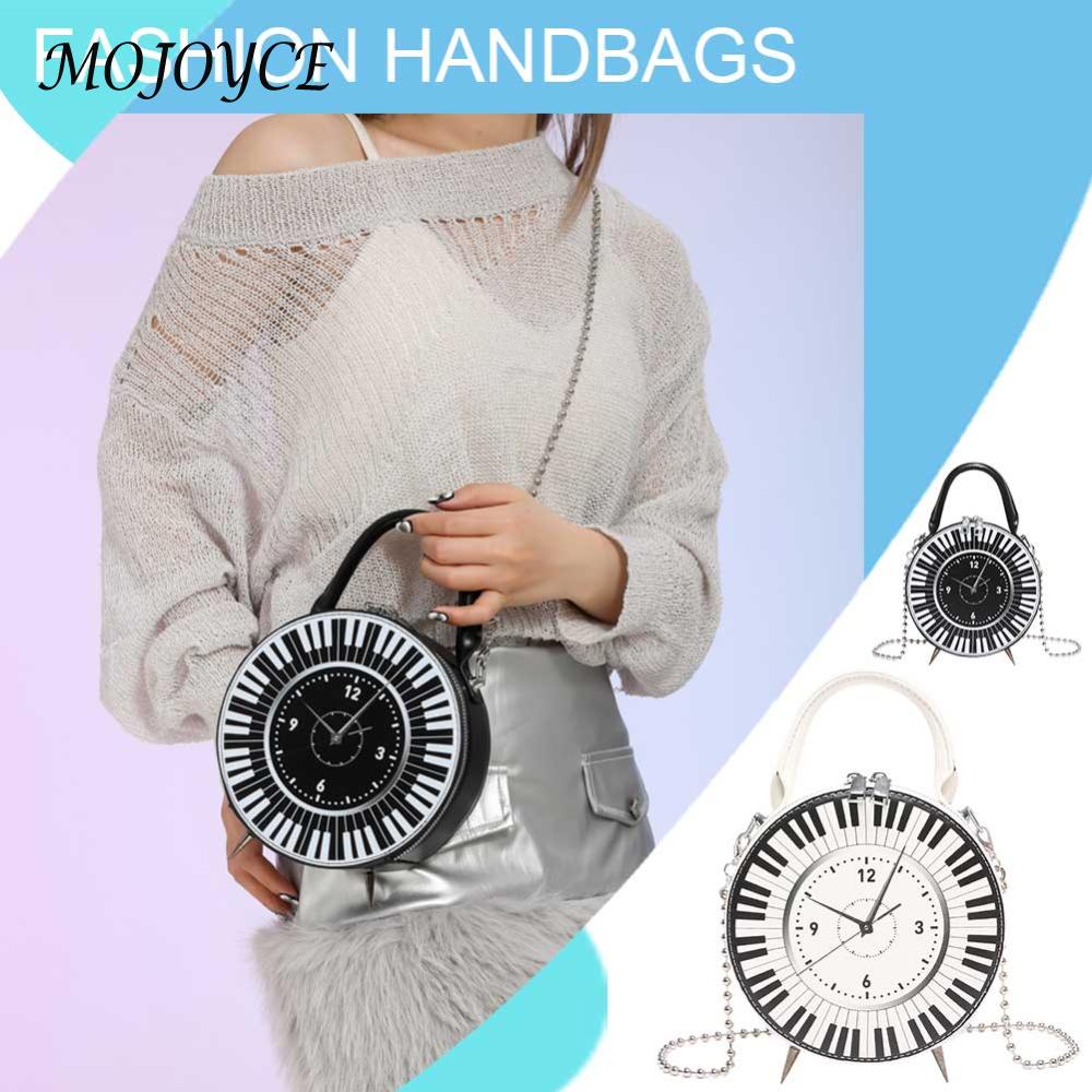 Women PU Creative Round Clock Bag Chain Strap Retro Clock Dial Handbag Black White Piano Clock Shoulder Purse Top Handle Bag