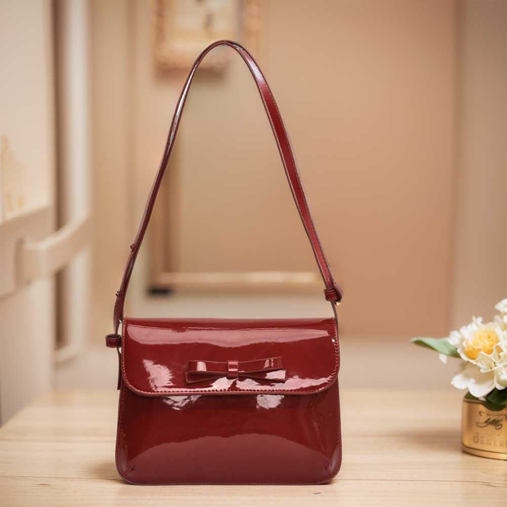 Patent Leather Women Handbag Bowknot Satchel Purse Adjustable Strap Square Flap Bag Retro Underarm Bag Travel Bag