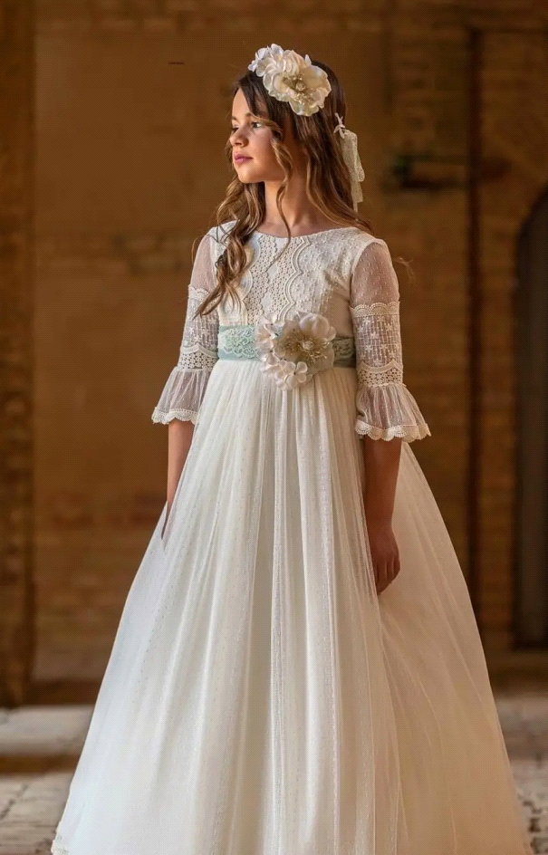 Vintage 3/4 Long Sleeve Boho wer Girl Dresses A e Jewel Neck Lace Chiffon Toddler Birthday Communion Dress With Big Bow Sash BC18546