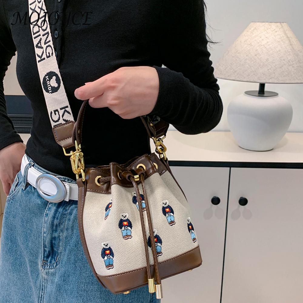 Bucket Bag for Women Embroidered Top Handle Handbag Removable Strap Crossbody Bag Tote Handbag Commuter Travel Bag