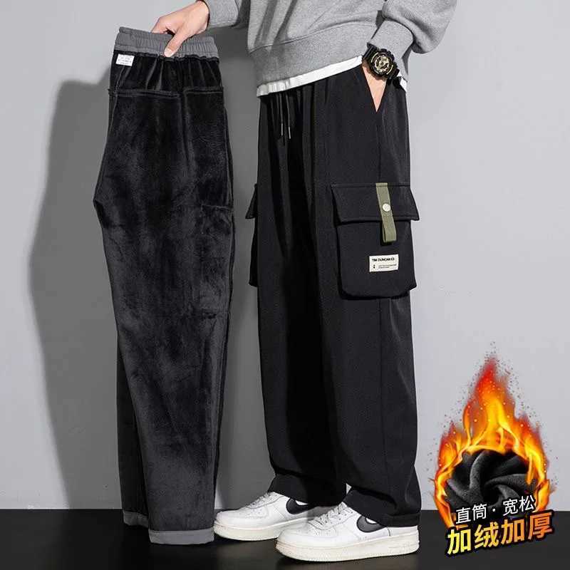 2024 Autumn/Winter New Fashion Trend Loose Straight Leg Overalls Mens Casual Comfort Plus Fleece Thickened Plus-Size Pants 8XL LX241107