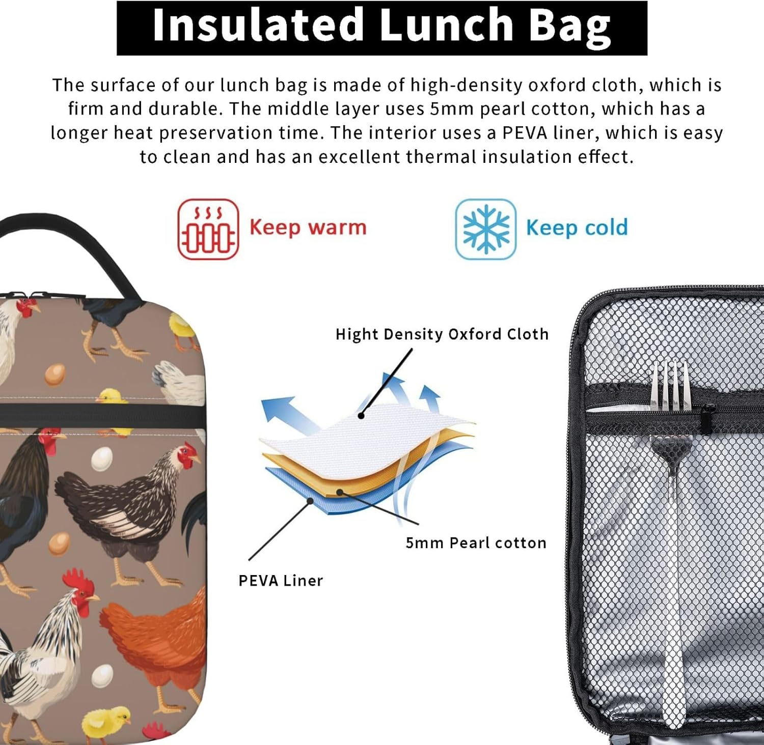 Chicken Lunch Box for Work Picnic School Travel Hiking Beach or Fishing Polyester Animal Chicken Theme Lunch Bag