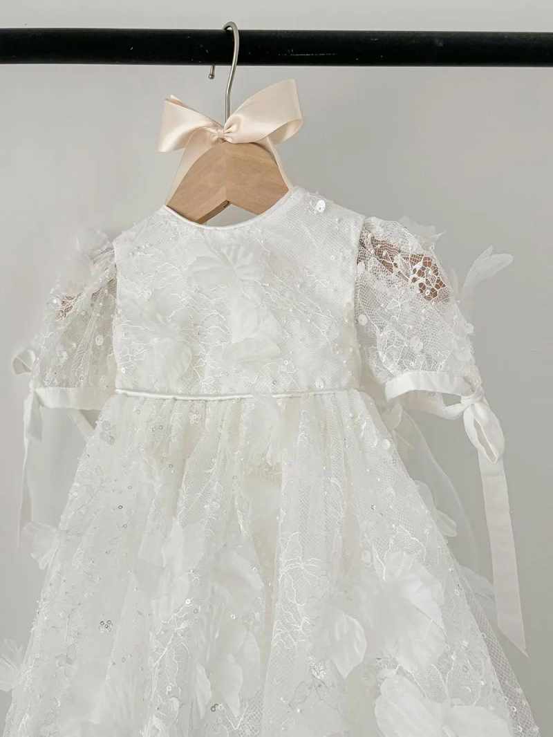 Classic First Communion Gown For Baby O Neck Sequins Tulle Christening Dresses For Newborns Short Sleeve Appliques Kid Formal Wear Baptism Dress