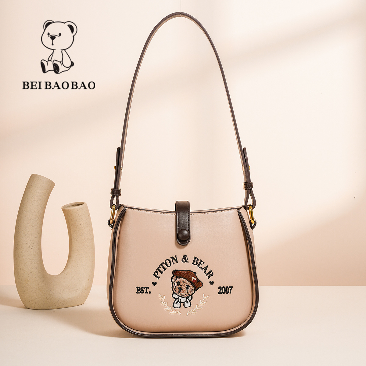 Beibaobao 2024 New Fashionable Trendy Single Shoulder Crossbody Bucket Casual Cartoon Bear Retro Texture Women's Bag