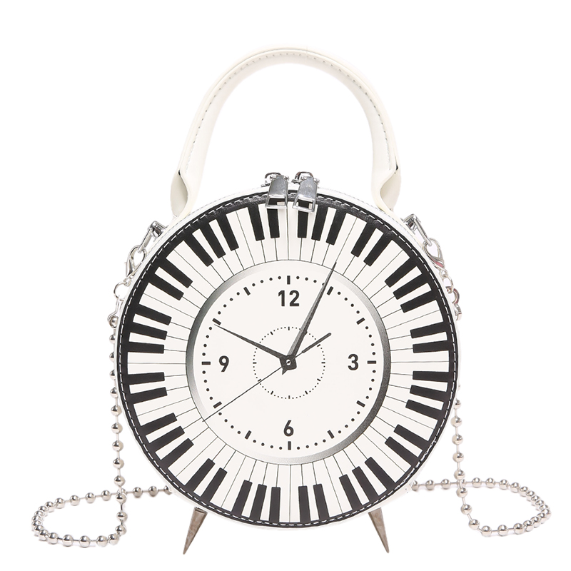 Women PU Creative Round Clock Bag Large Capacity Black White Piano Clock Shoulder Purse Fashion Shoulder Bag Chic Hobo Bag