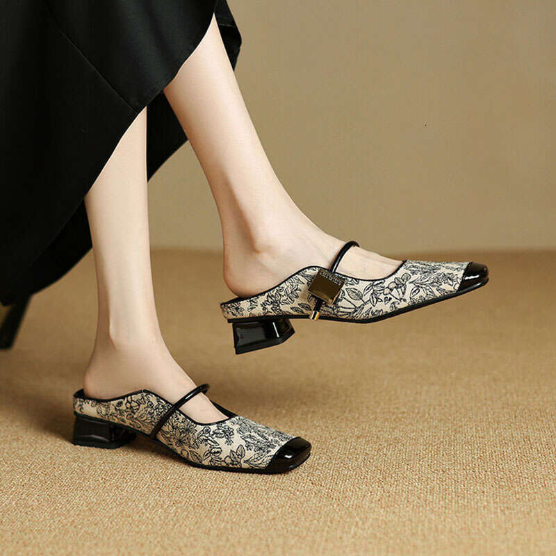 Phoentin Flower print mules shoes woman 2025 retro slippers for ladies cross strap low heels square toe plus size