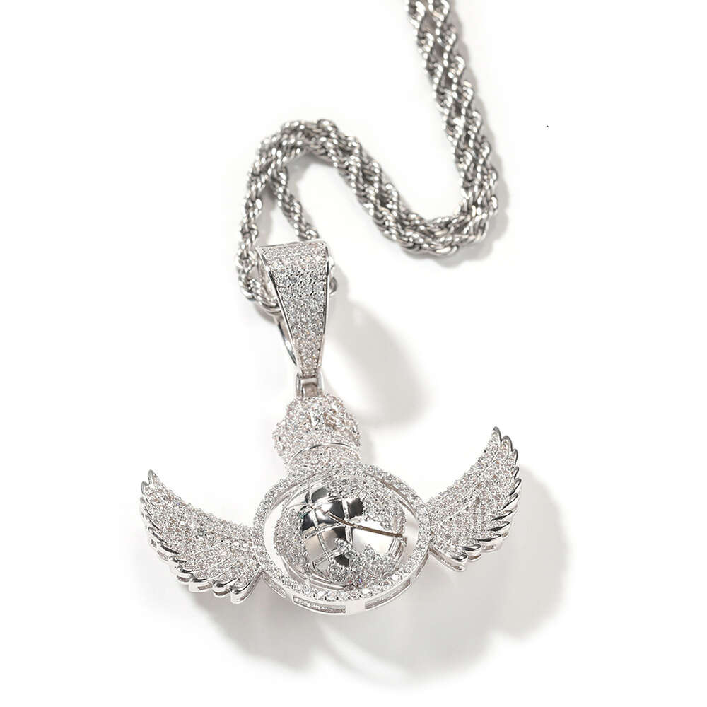 New Hiphop Rotating Globe Pendant Angel Wings Necklace Niche Design Hip-hop Style Earth Charm Trend Real Gold Iced Out Gemstone Rapper Collar Top Qual