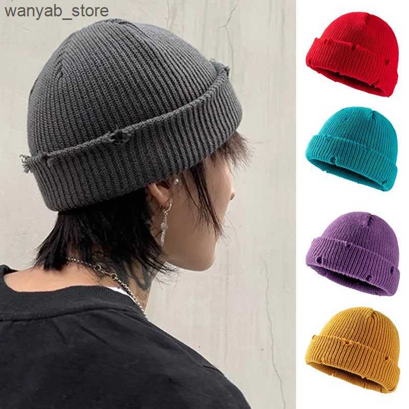 Beanie/Skull Caps Fashion Y2K Knit Short Beanies for Men Women Autumn Winter Hats Solid Color Hip-hop Skullies Caps Unisex Ripped Streetwear L240910
