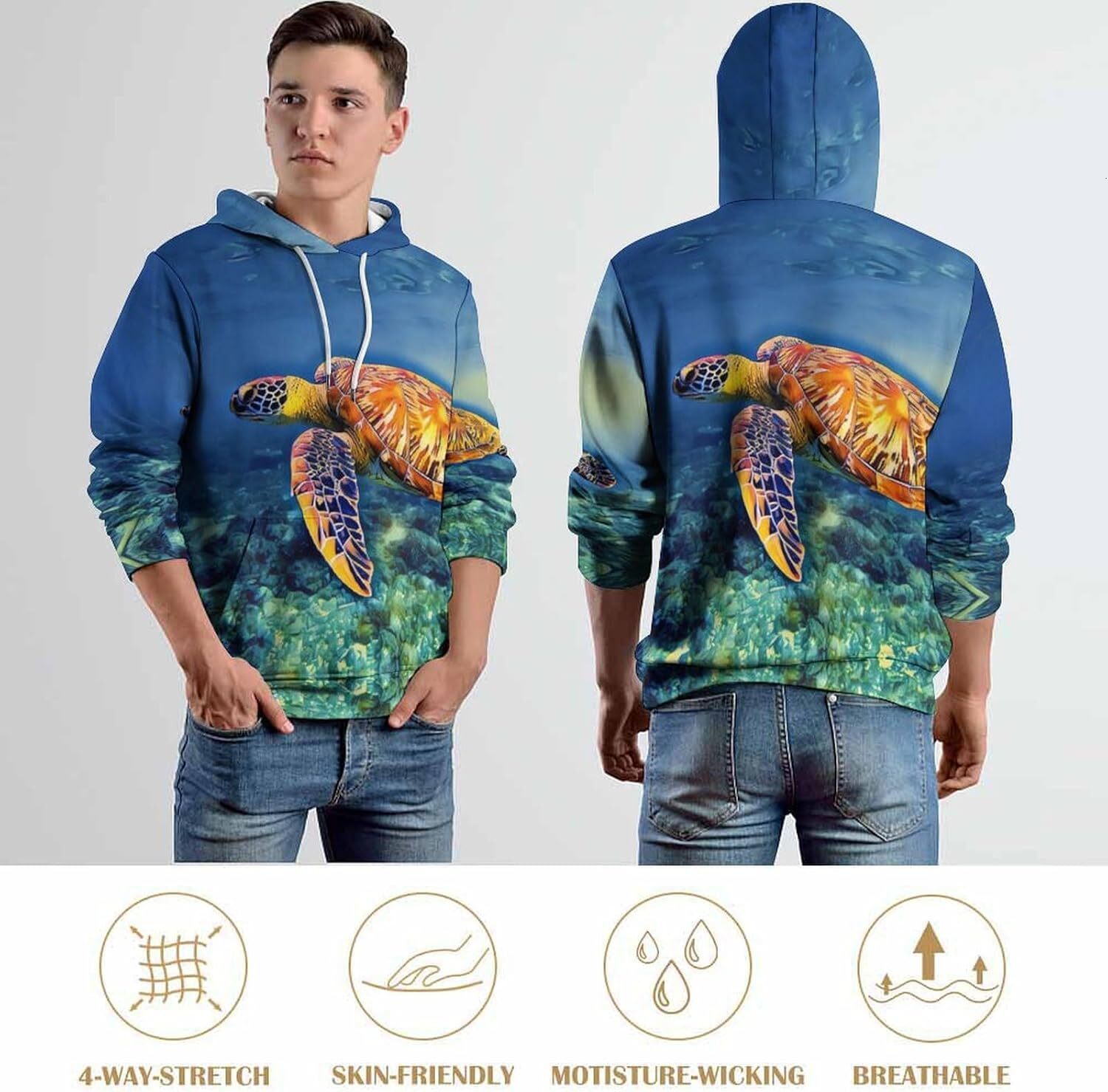 Hoodie for Mens Womens Sea Turtle in Blue Sea Water Hoodies for Men 3D Print Pullover Hooded Drawstring Loose Sweatshirt with Big Pockets Graphic