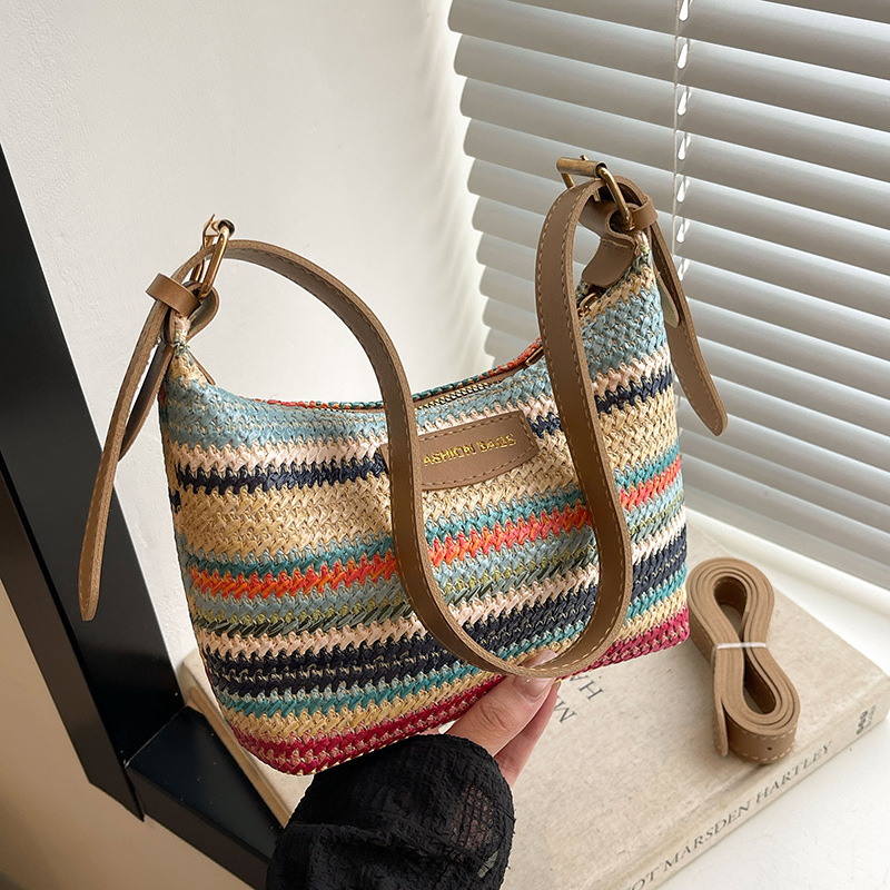 Brand Designer PU and Straw Weave Patchwork Women's Shoulder Bag Casual Crossbody Bag Bucket Handbag for Summer Holiday