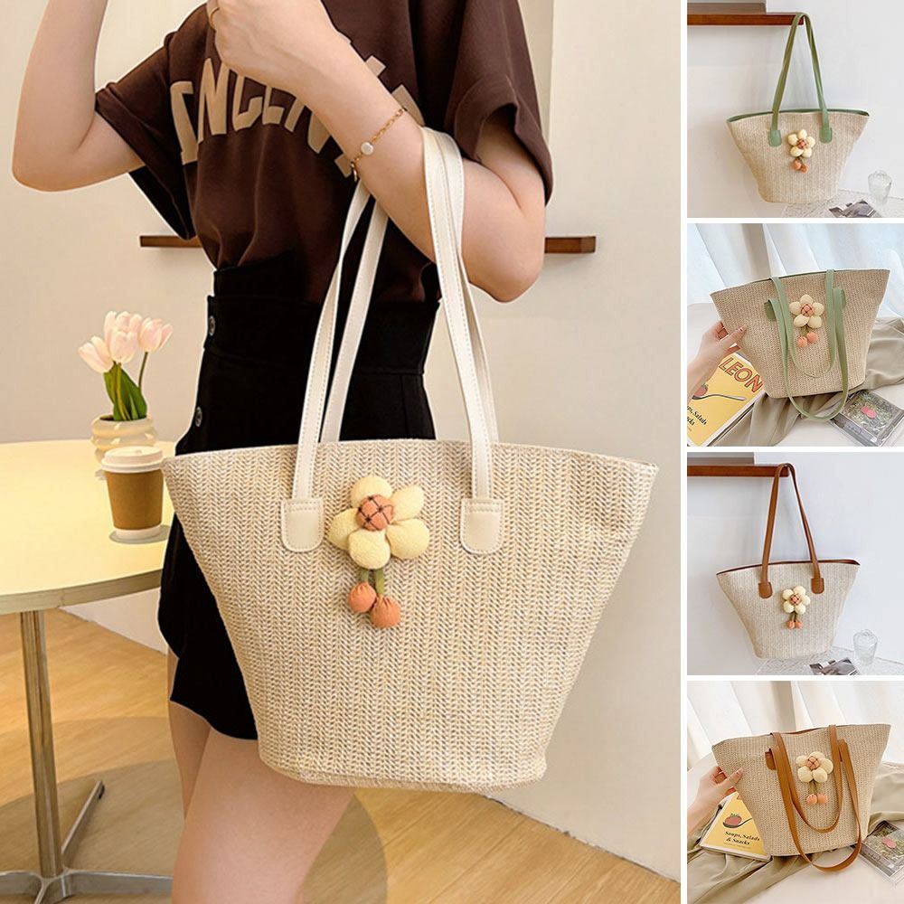 Beach Straw Shoulder Messenger Bag Women Bohemian Summer Woven Bucket Shoulder Handbag Handmade Crossbody Bags For Women