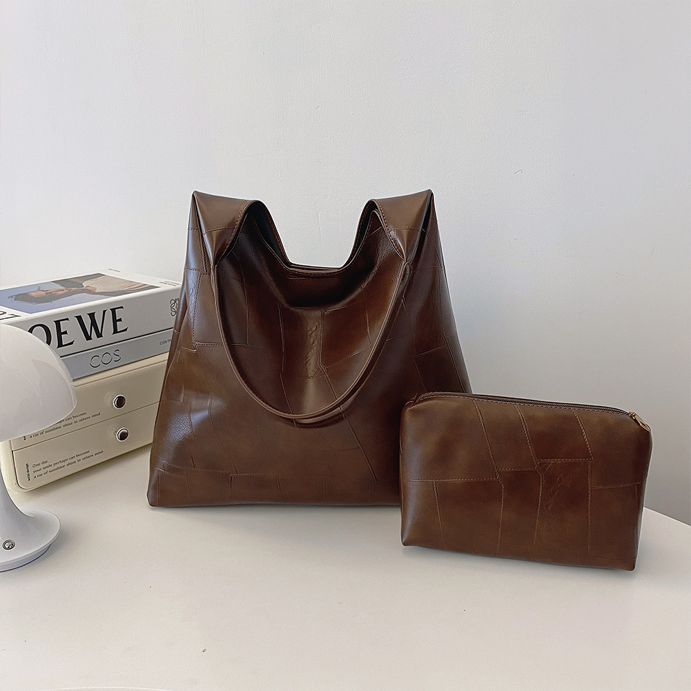 Autumn and Winter Vintage PU Women's Bag Large Capacity Trendy Shoulder Bag Solid Color Simple Casual Commuter Bag Retro Handbag