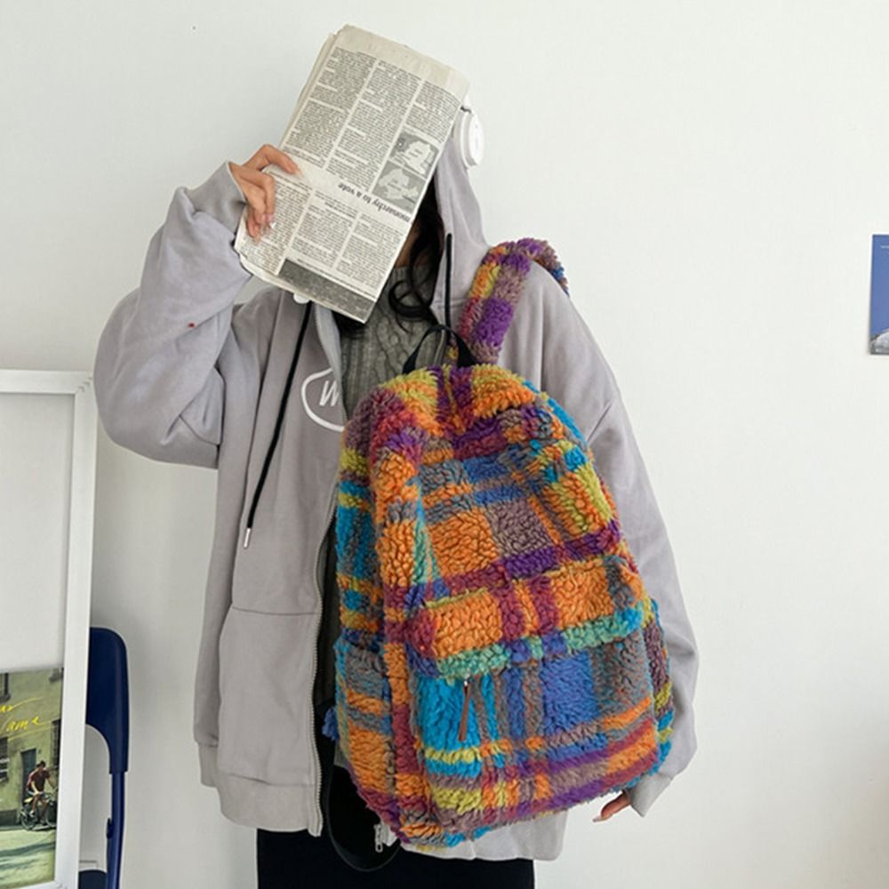 Korean Style Colorful Plaid Backpack Strip Large Capacity Lamb Fleece Backpack Geometric Preppy Trendy Shoulder Bag Outdoor